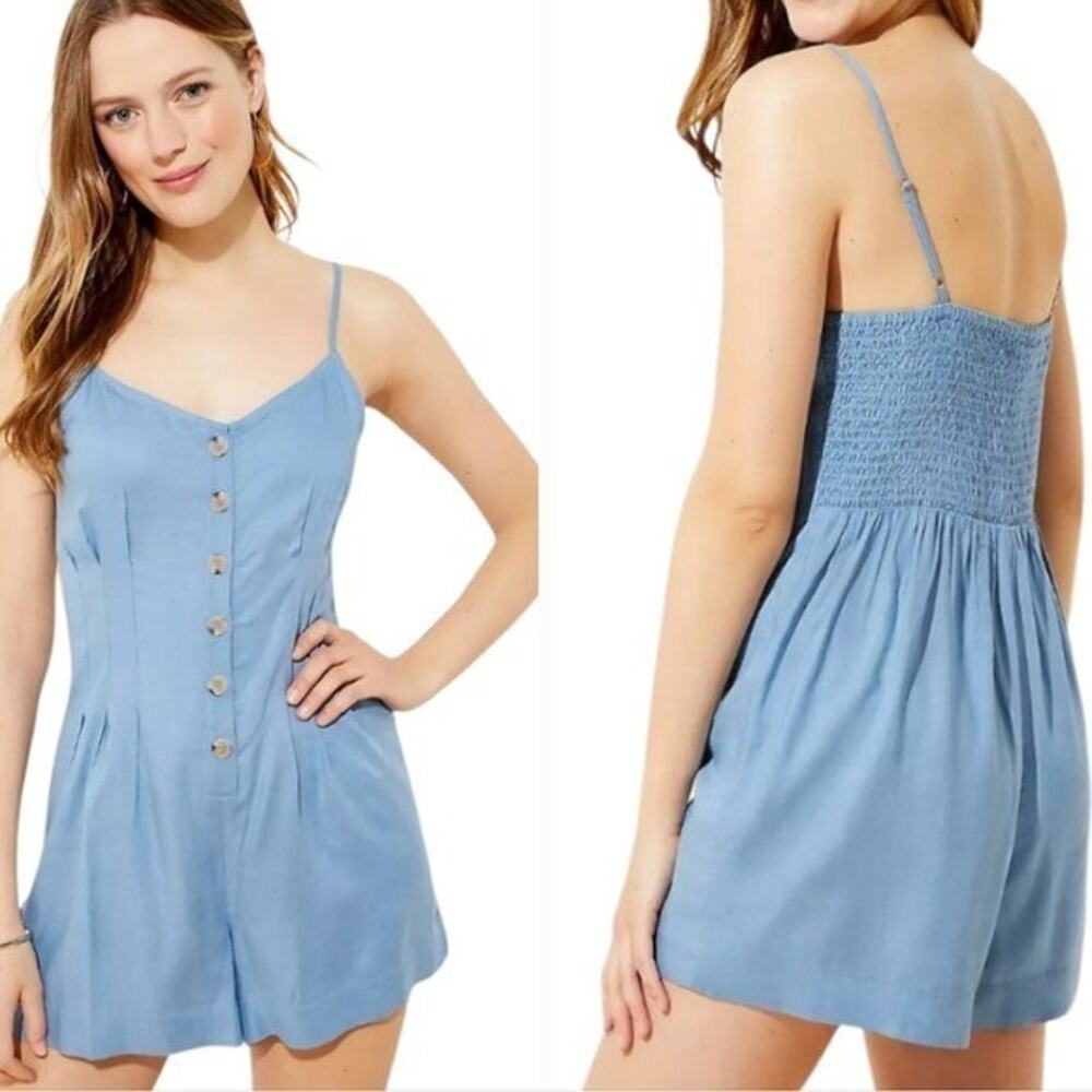 LOFT Beach Blue Chambray Smocked Bodice Button Front Romper Shorts Size S